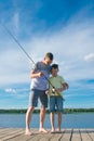Father shows his son on the pier how to keep spinning to catch fish, against a beautiful landscape