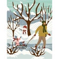 Father sledding child in winter forest vector