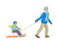 Father is sledding kid on sleigh. Vector illustration