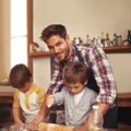 Father, smile and portrait of kids baking, learning or happy boys bonding together in home. Face, children and dad Royalty Free Stock Photo