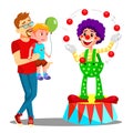 Father And Son In Amusement Park Vector. Clown. Isolated Illustration