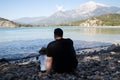 Father and son on a background of beautiful mountains and the Mediterranean sea Royalty Free Stock Photo