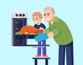Father and son baking meat in oven flat RGB color vector illustration. Male parent and child cooking turkey, family