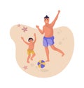 Father and son at beach. Cartoon man and child play with ball on sand. People wave hands. Summer vacation on seashore