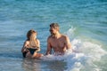 father and son beachside bonding. playing together dad and son. happy moments with father and son. Father son beach Royalty Free Stock Photo