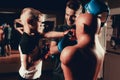 Father And Son Boxing Exercises Training In Gym.