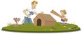 Father and son building puppy kennel. People and animal. Illustration for internet and mobile website