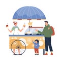 Father and son buying ice cream at vendor stall, flat vector illustration isolated on white background.