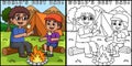 Father and Son Camping Coloring Page Illustration