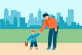 Father and son. Cartoon dad walking together with happy child. Family leisure. Boy playing in sand with bucket and scoop Royalty Free Stock Photo