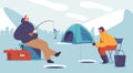 Father And Son Characters Bonding On A Serene Winter Fishing Trip. People Enjoying Frozen Lake, Cozy Moments Royalty Free Stock Photo