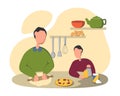 Father and Son Cooking Pizza Vector Illustration. Parent Teaching Child to Knead Dough. Cooked Homemade Pastry. Dad and