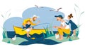 Father, son and daughter fishing together, vector illustration. Man people character with kid, outdoor leisure with dad Royalty Free Stock Photo