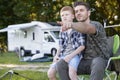 Father and son do fishing on camper trip Royalty Free Stock Photo