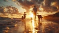 Father and son with dogs on a beach at sunset - AI Generated Royalty Free Stock Photo