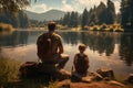 Father and son enjoy summer-autumn fishing trip by the river, surrounded by picturesque landscapes Royalty Free Stock Photo