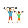 Father and son exercising together, lifting barbells in gym, dad gives good example to his kid, healthy lifestyle