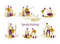 Father and son are fishing. Active family vacation concept. Set of vector illustrations in flat style. Royalty Free Stock Photo