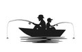 Father and son fishing on boat on a lake