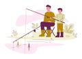 Father and son are fishing. Family outdoor activities concept. Illustration in flat cartoon style. Isolated on a white Royalty Free Stock Photo