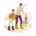 Father and son are fishing. They have a fishing rod and a net. Vector illustration in flat cartoon style. Isolated on a white Royalty Free Stock Photo