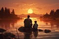 Father and son fishing on the lake at sunset. Vector illustration, Family dad and two sons are fishing at sunset, AI Generated Royalty Free Stock Photo