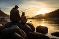 Father and son fishing on the river at sunset. The concept of friendly family, father and son sitting together on rocks fishing Royalty Free Stock Photo