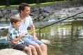 Father and son fishing in river