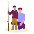 Father and son with a fishing rod. Vector illustration in flat cartoon style. Isolated on a white background. Royalty Free Stock Photo