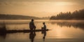 Father and Son Fishing on Serene Lake. Bonding Moment and Special Connection. Generative AI