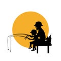 Father and son fishing together isolated vector illustration silhouette