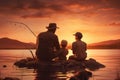 Father and son fishing together on the lake at sunset. Concept of friendly family, Family dad and two sons are fishing at sunset, Royalty Free Stock Photo