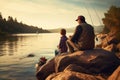 Father and son fishing together on the lake at sunset. Concept of friendly family, father and son sitting together on rocks Royalty Free Stock Photo