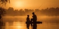 Father and son fishing together on lake at sunset. Generative AI Royalty Free Stock Photo