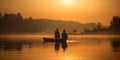 Father and son fishing together on lake at sunset. Generative AI Royalty Free Stock Photo