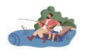 Father and son fishing together in nature. Happy dad and child resting by water. Bonding outdoor activity of parent and Royalty Free Stock Photo