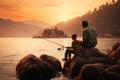 Father and son fishing together on the shore of Lake Como at sunset, father and son sitting together on rocks fishing with rods,