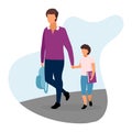 Father with son flat illustration. Older and younger brothers going home and holding hands cartoon characters. Teenage and preteen