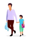 Father with son flat vector illustration. Older and younger brothers walking and holding hands cartoon characters. Teenage and