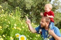 Father and son in flowers Royalty Free Stock Photo