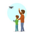 Father and son flying piloting a drone isolated vector illustration