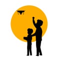 Father and son flying piloting a drone isolated vector illustration silhouette