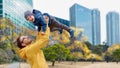 Father with son having fun in autumn tokyo city Royalty Free Stock Photo