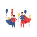 Father and son having fun at party. Cheerful man and boy dressed as superheros. Fatherhood theme. Flat vector design