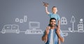 Father and son having fun playing with home drawings Royalty Free Stock Photo