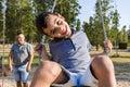 Father and son having fun playing with the swing in a park. Royalty Free Stock Photo