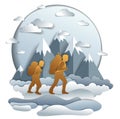 Father and son hiking to nature with mountain range, active men, fatherhood and teenager son growing masculine. Vector