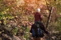 Father with son on his shoulders walking in the autumn forest. Back view Royalty Free Stock Photo
