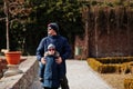 Father with son at historical Mikulov Castle, Moravia, Czech Republic. Old European town