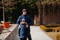 Father with son at historical Mikulov Castle, Moravia, Czech Republic. Old European town